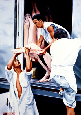 1986-03 3 men with pork 56x78cm